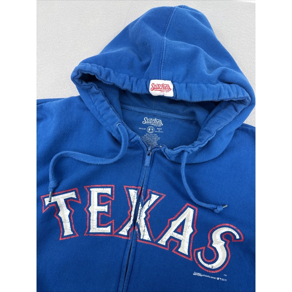 Stitches Texas Rangers MLB Full Zip Hoodie Men's M Blue Distressed Blokecore